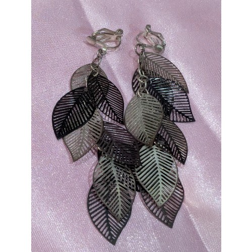 Silver and Black Leaf Dangle Clip on Earrings