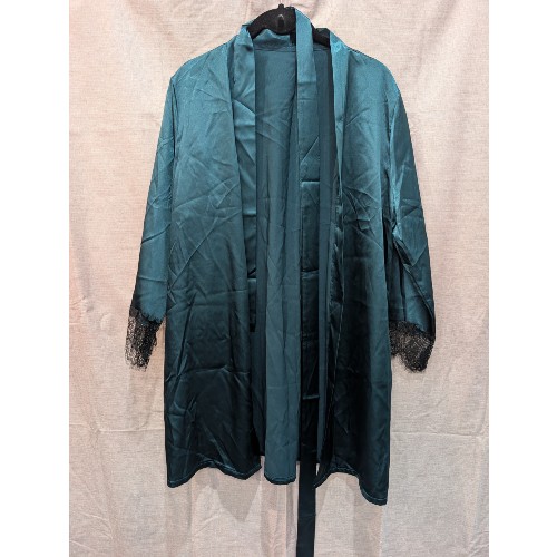 Green Silky Robe with Black Lace Cuffs